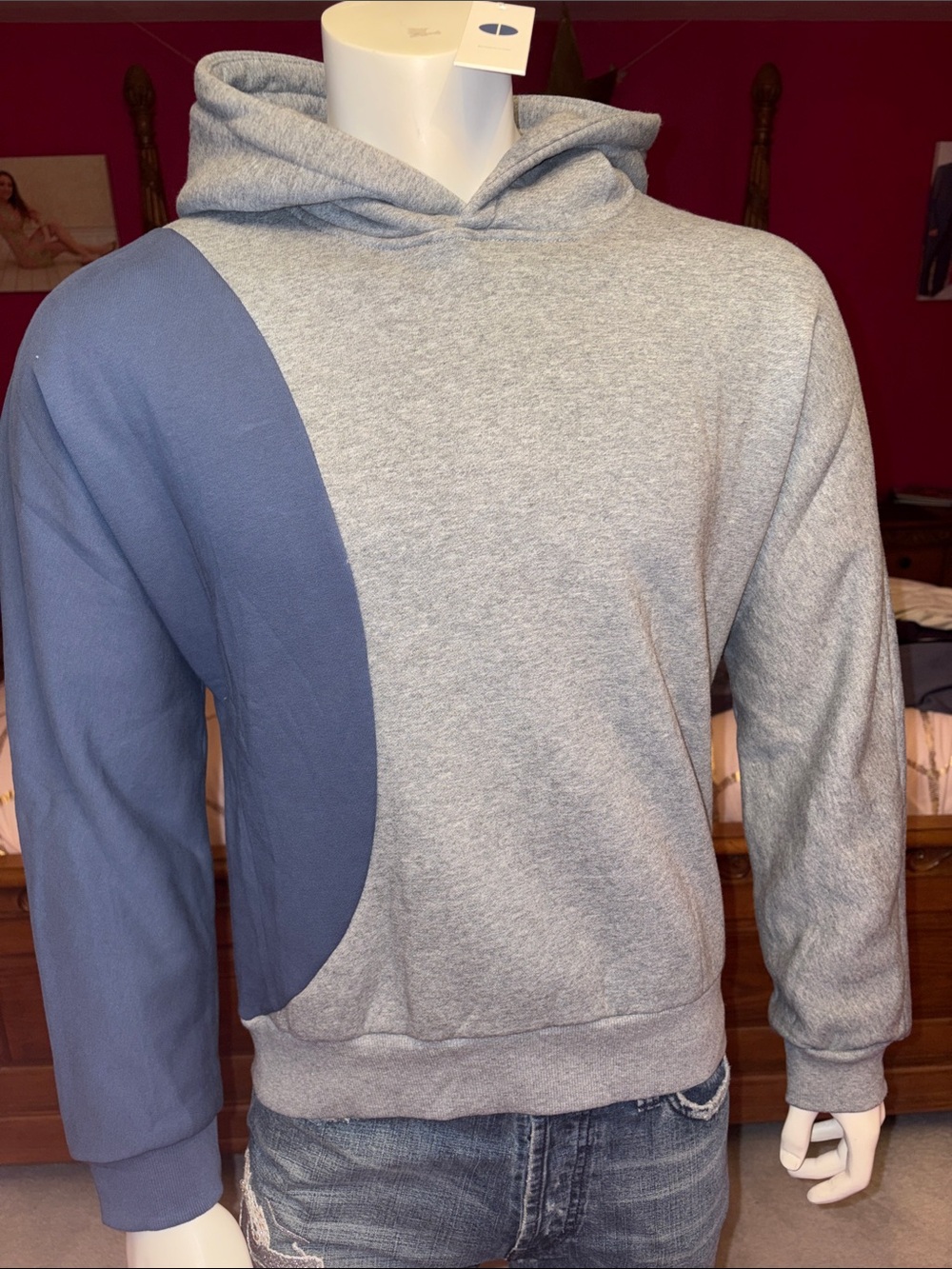 Men's Grey Hoodie with Blue Accent Panel